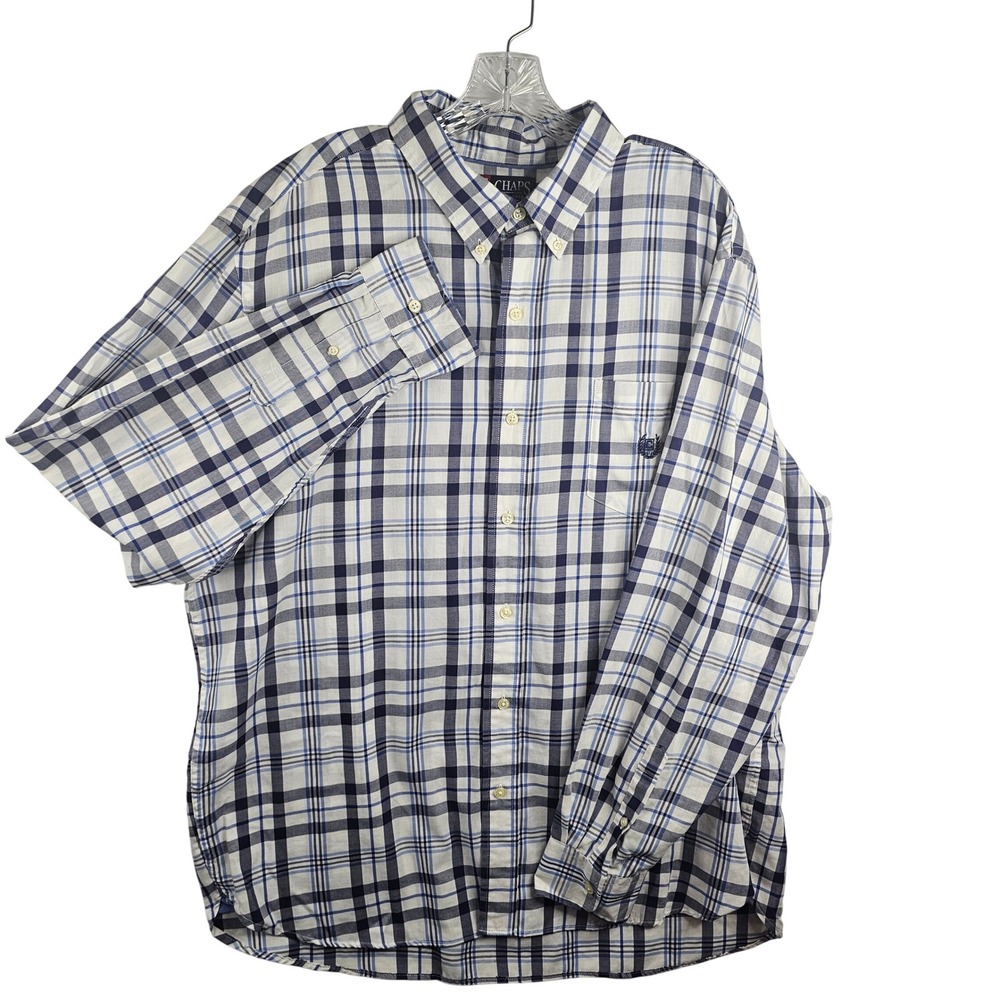 Chaps Mens XXL Blue White Plaid Long Sleeve Button Down Shirt Logo Pocket